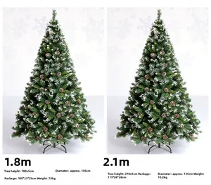 Comparaison détaillée de sapins de Noël enneigés de 1,8m et 2,1m avec pommes de pin et socle