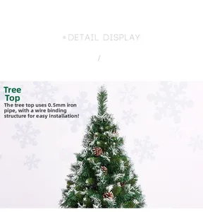 Détail du haut d'un sapin de Noël floqué avec pommes de pin et structure en fer robuste