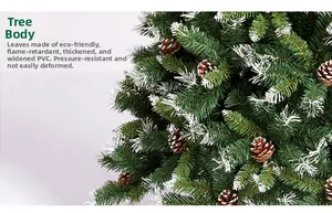 Détail des aiguilles de sapin de Noël en PVC ignifuge avec pointes enneigées et pommes de pin