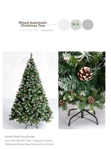 Détails des aiguilles en PVC enneigées et de la base en acier renforcé du sapin de Noël
