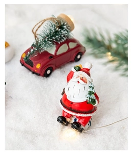 Miniature resin Santa Claus figurine with vintage red Christmas car decoration