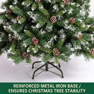 Sapin de Noël enneigé avec pommes de pin et support en métal renforcé pour la stabilité