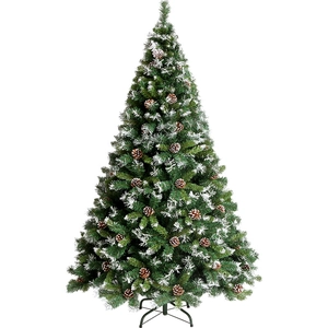 Sapin de Noël artificiel avec flocage neigeux, pommes de pin et support métallique