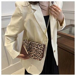 Detail of leopard print crossbody bag with gold chain strap on a stylish model