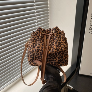 Womens Leopard Print Bucket Bag Nylon Canvas Drawstring Shoulder Crossbody Handbag With Adjustable Strap Retro Casual