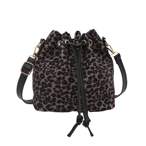 Stylish leopard print bucket bag with black leather drawstring and gold metal hardware
