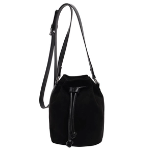 Borsa a secchiello minimalista in pelle scamosciata nera con tracolla e coulisse