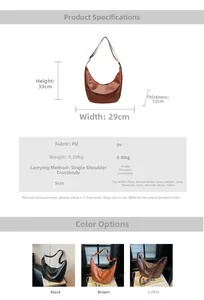 Detailed size specifications and material chart for pleated PU leather crescent tote bag