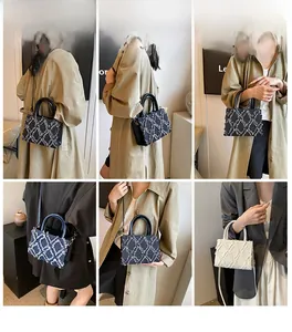 Multiple views of a quilted denim tote bag with frayed edges and round leather handles