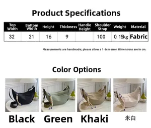 Infographic showing canvas crescent bag dimensions and four colors with rope zippers
