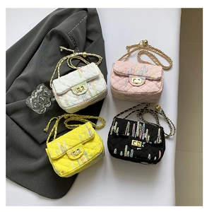 Group shot of striped quilted chain crossbody bags in cream, pink, yellow, and black colors