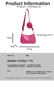 Pink PU leather crossbody bag set with measurements and matching round coin purse detail