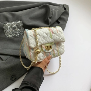 Women Quilted Crossbody Bag Colorful Stripe Embroidery Gold Chain Shoulder Bag Flap Square Handbag With Metal Ball For Women