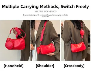 Red PU leather square bag with small round coin purse showing three carrying styles