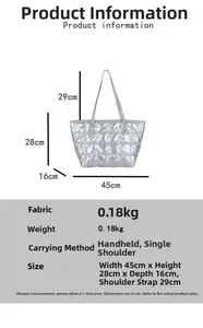 Detailed size specifications for the silver quilted puffer tote bag with strap measurements