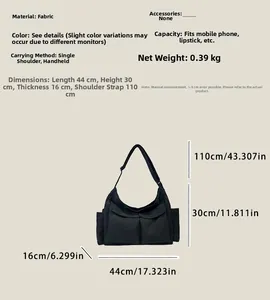 Specifiche dettagliate delle dimensioni per borsa tote grande in tela nera con tracolla