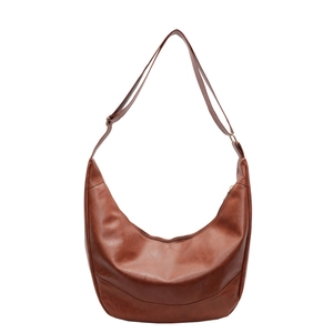 Minimalist brown crescent hobo bag made of retro synthetic leather with metal zipper