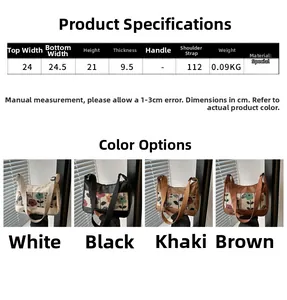 Detailed size chart and multi-color options for the floral canvas crossbody shoulder bag