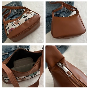 Detailed views of floral print PU canvas shoulder bag with adjustable strap and zip pocket