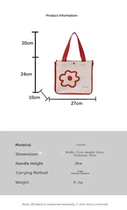 Detail showing dimensions of canvas square tote bag with red flower pattern
