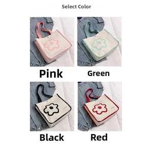 Detailed grid view of minimalist canvas tote bags in pink, green, black and red colors