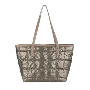 Champagne metallic quilted tote bag with spacious interior and brown leather straps