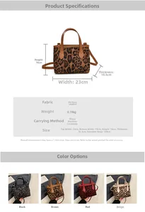 Detailed size specifications and color options for the leopard print tote bag with strap
