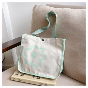 Detail of canvas tote bag with mint green floral pattern and secure silver snap closure