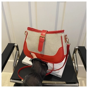 Detail of canvas and red leather shoulder bag with gold buckle held in hand