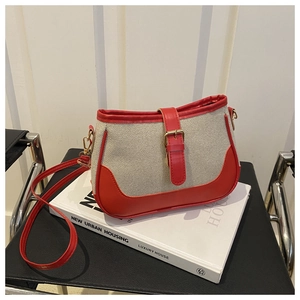 Detail of vintage canvas crossbody bag with red leather trim on white books
