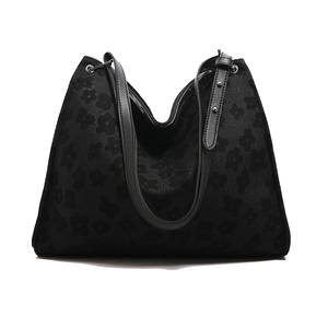 Grand sac cabas noir en jacquard floral avec anses en cuir et fermeture à glissière