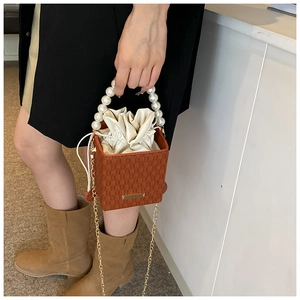 Brown checkered bucket bag with pearl handle and drawstring pouch worn by a model