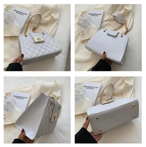 Detailed views of white quilted crossbody bag with gold twist lock and metal studs