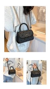 Detailed views of grey polka dot mini crossbody bag with silver bow accent and black strap