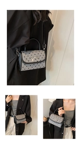 Detailed views of grey crossbody bag with black heart prints and silver bow fastener