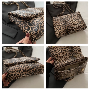 Detailed views of leopard print chain bag showing interior capacity and bottom texture