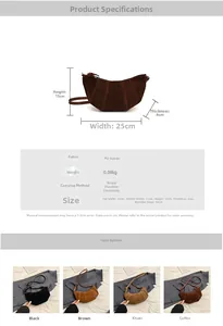 Size chart and color selection for frosted PU crescent crossbody bag with dimensions