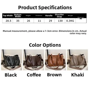 Detailed size chart for French style PU leather tote bag with product dimensions and colors