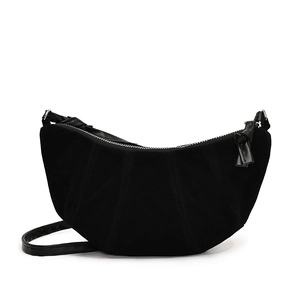 Chic black croissant bag with pleated details and semi-circle shape for women