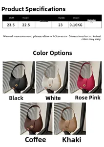 Detailed size specifications and color options for the solid PU crescent shoulder bag