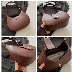 Detailed views of dark brown saddle bag with gold buckle and internal zipper pocket