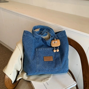 Women Casual Denim Tote Bag Large Capacity Canvas Shoulder Bag Urban Simple Shopping Handbag With Plush Pendant For Daily