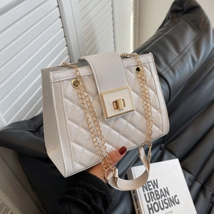 Women Quilted Shoulder Bag PU Leather Rhombus Pattern Small Square Crossbody With Gold Chain Metal Turn Lock Retro Chic