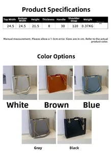Detailed size chart and five color options for crocodile pattern faux leather tote bag