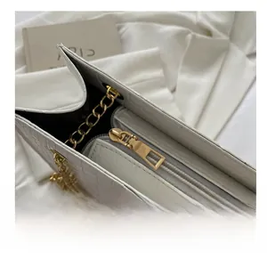 Detail of stone pattern texture and gold chain on beige shoulder bag with zipper