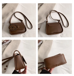 Detailed four-view collage of a vintage brown crossbody bag with bear charm and sleek PU leather