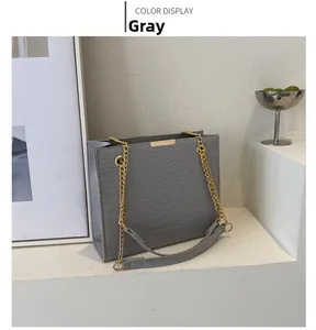 Detail showing grey crocodile texture on tote bag with golden chain strap on white platform