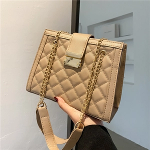 Women Quilted Rhombus Shoulder Bag PU Leather Gold Chain Strap Metal Lock Fashion Casual Small Square Bag Handbag