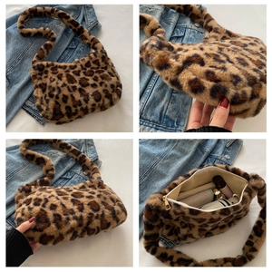 Close-up of plush leopard print shoulder bag showing fluffy texture and spacious interior