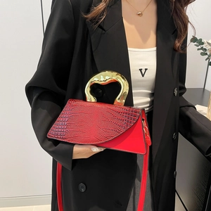 Red aesthetic square handbag with crocodile pattern flap and unique gold metal handle